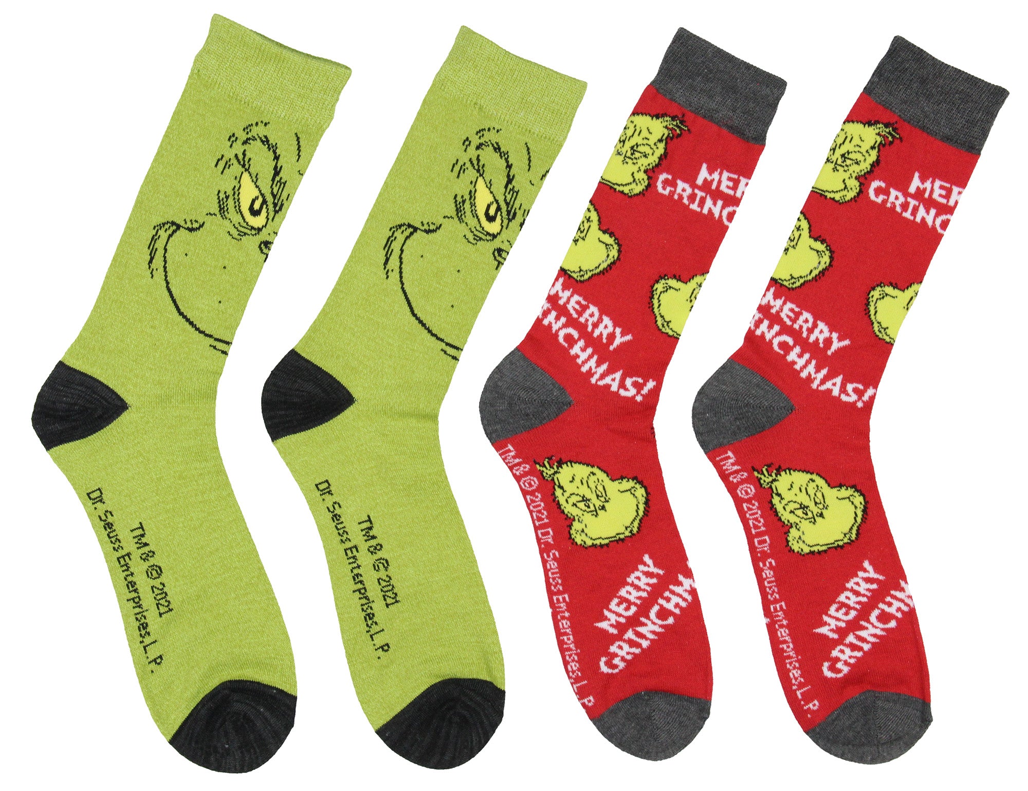 Dr. Seuss GRINCH Character Adult Holiday Crew Socks 2 Pair