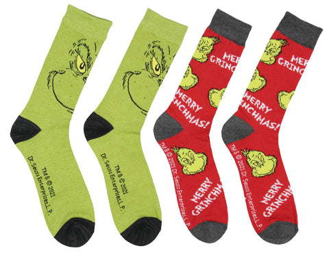 Dr Seuss GRINCH Character Adult Holiday Crew Socks 2 Pair