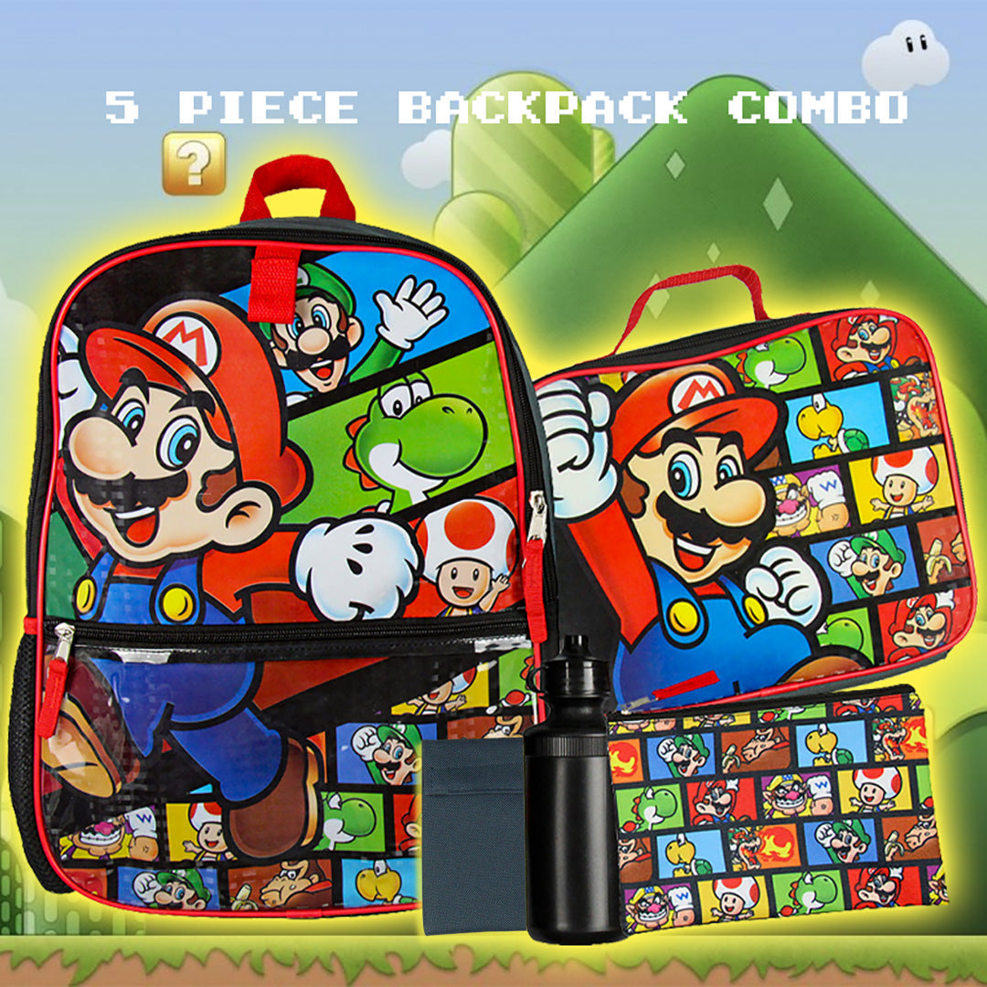 Nintendo Boys 5 PC Shimmer Pixel Character 16" Backpack Combo Set