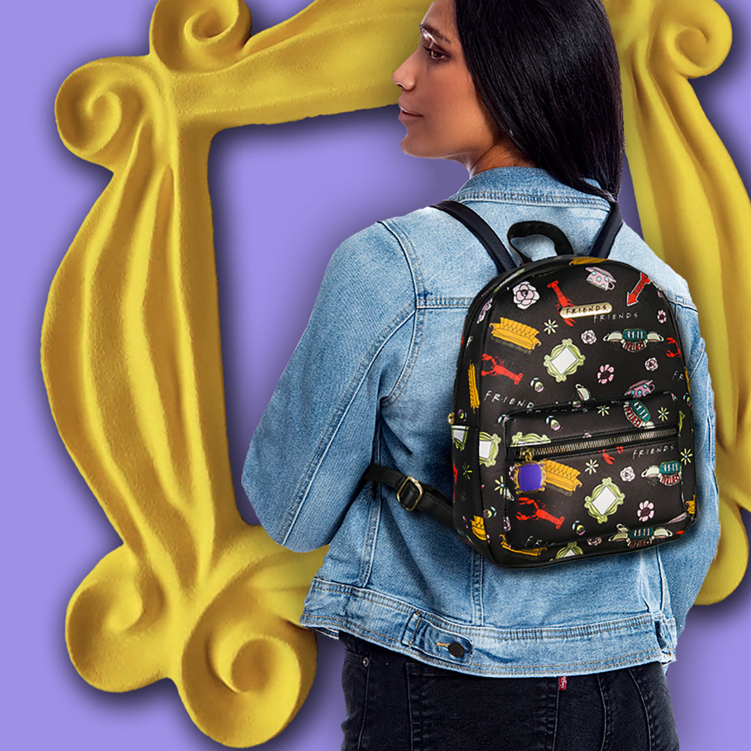 Friends TV Show Allover Toss Print Faux Saffiano Leather Mini Backpack Bag 11"