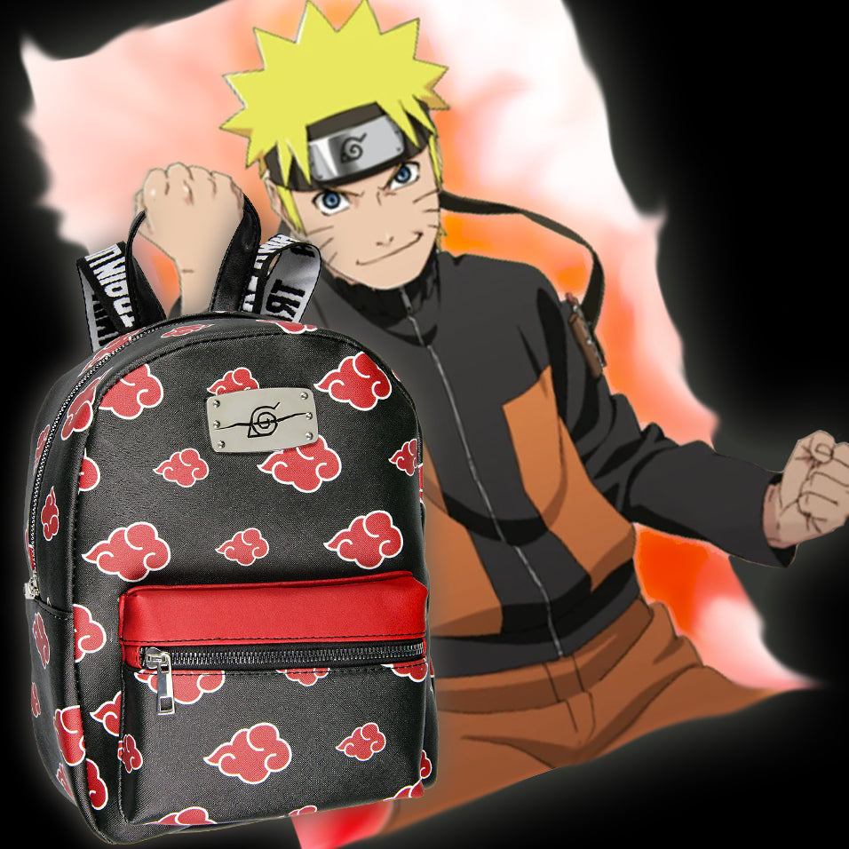 Naruto Akatsuki Sasuke Red Cloud Faux Saffiano Leather Mini Backpack Bag 11"