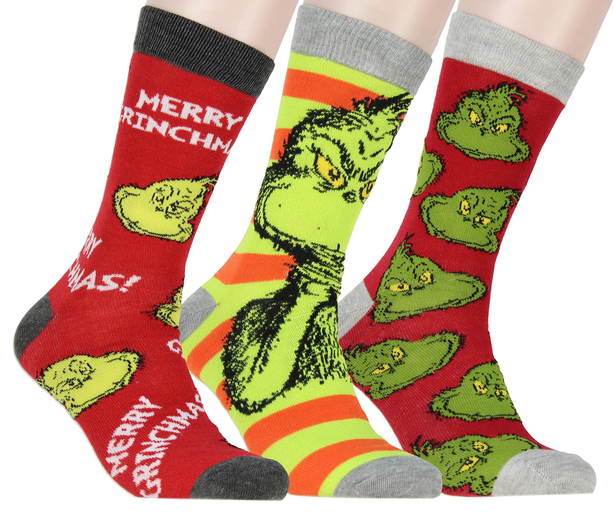 Dr. Seuss GRINCH Merry Grinchmas Adult Holiday 3 Pair Crew Socks