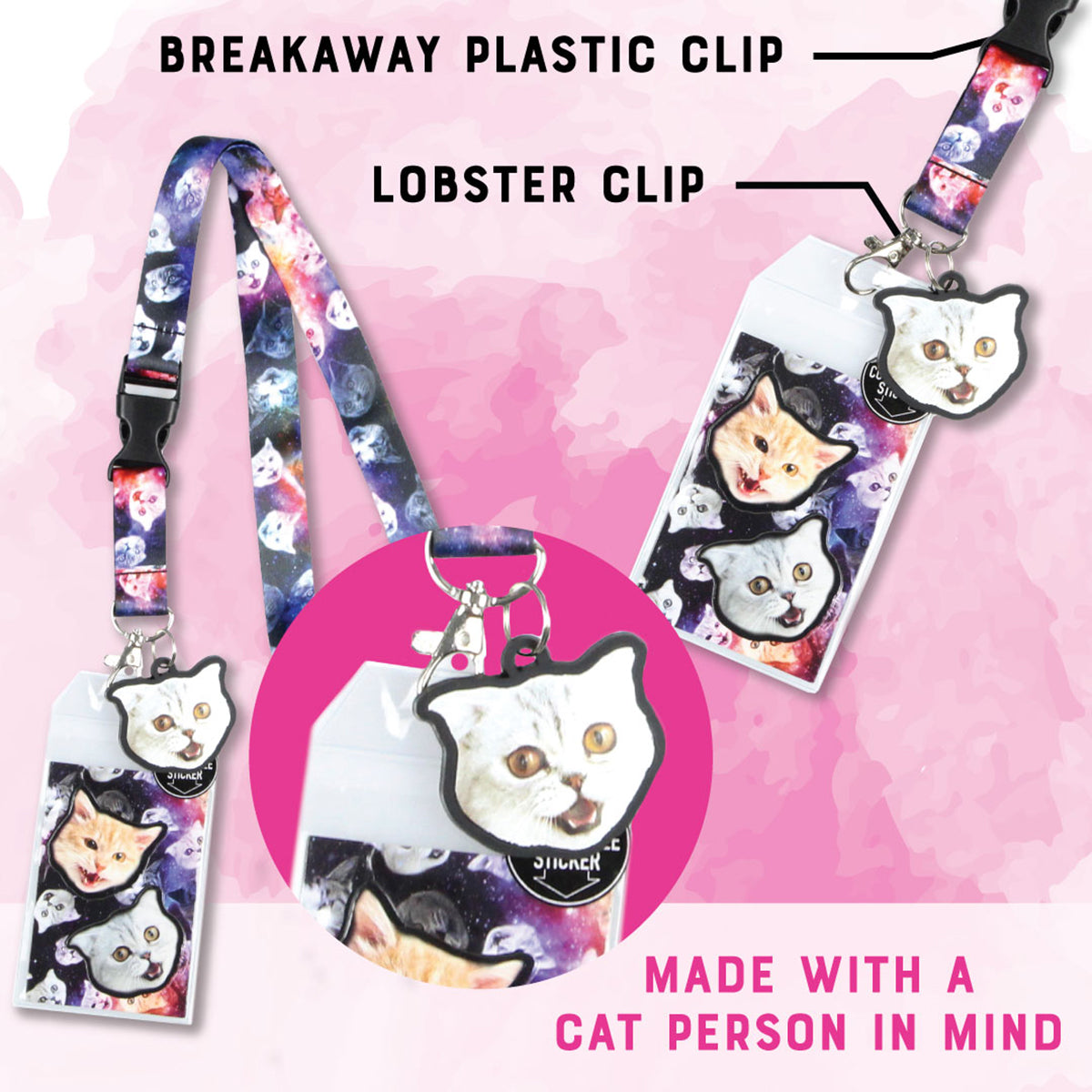 Space Cat Galaxy Breakaway Lanyard W/ Charm Clear ID Badge Holder Keychain