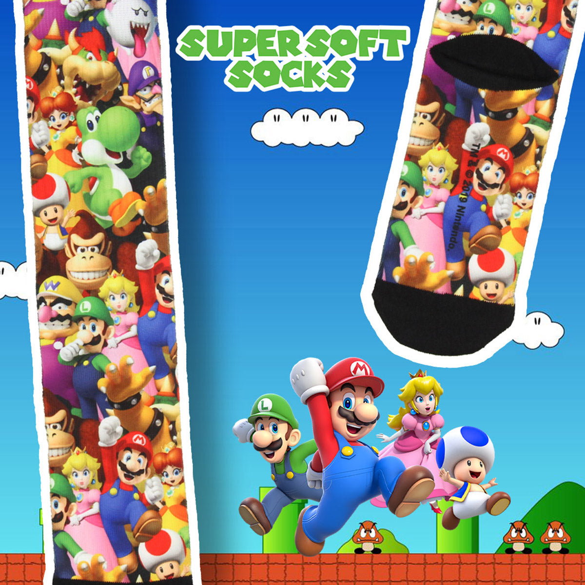 Nintendo Mario Bros. Collage Group Photo Premium Sublimated Crew Socks