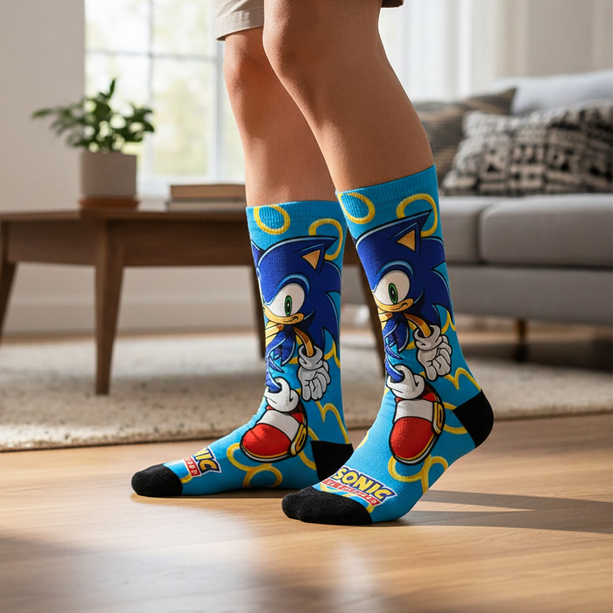 Sonic The Hedgehog Character Gold Rings Sublimated Crew Socks Mid-Calf
