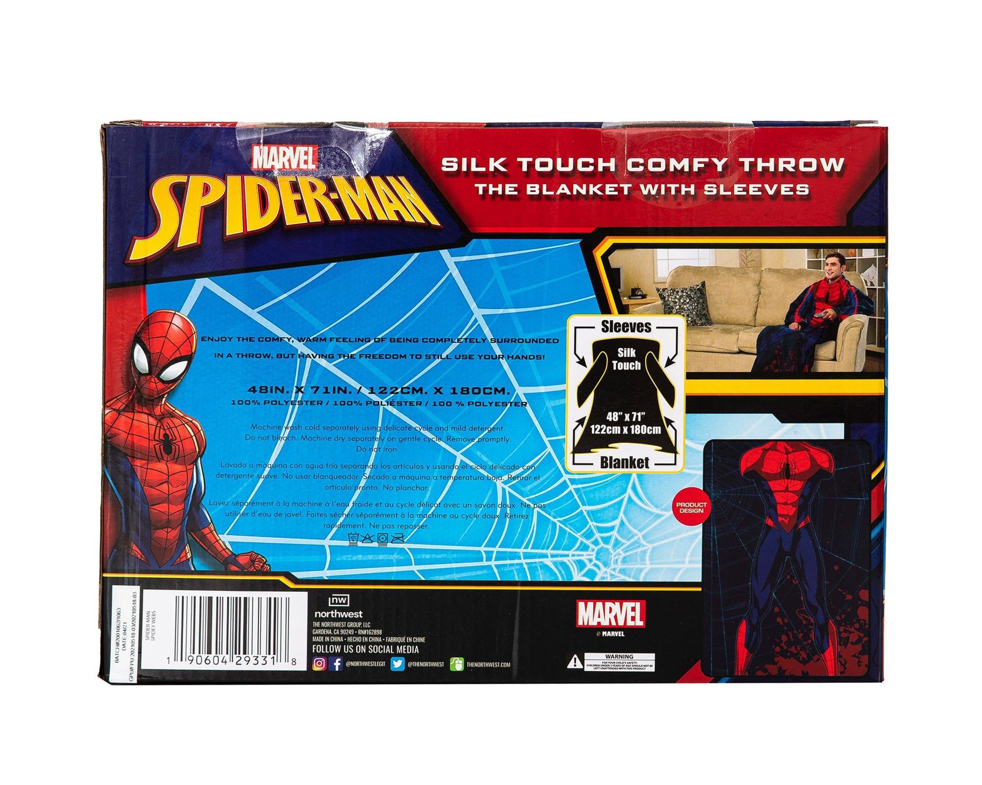 Northwest Spider-Man Spidey Webs Adult Silk Touch Comfy Throw Blanket with Sleeves, 48" x 72"