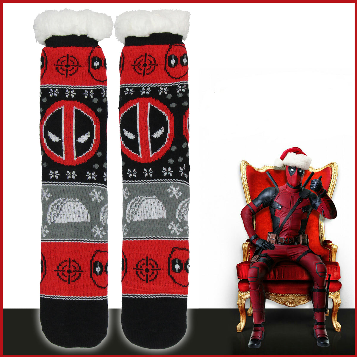 Marvel Comics Deadpool Men's Ugly Sweater for Christmas pattern Knit Fuzzy Slipper Socks