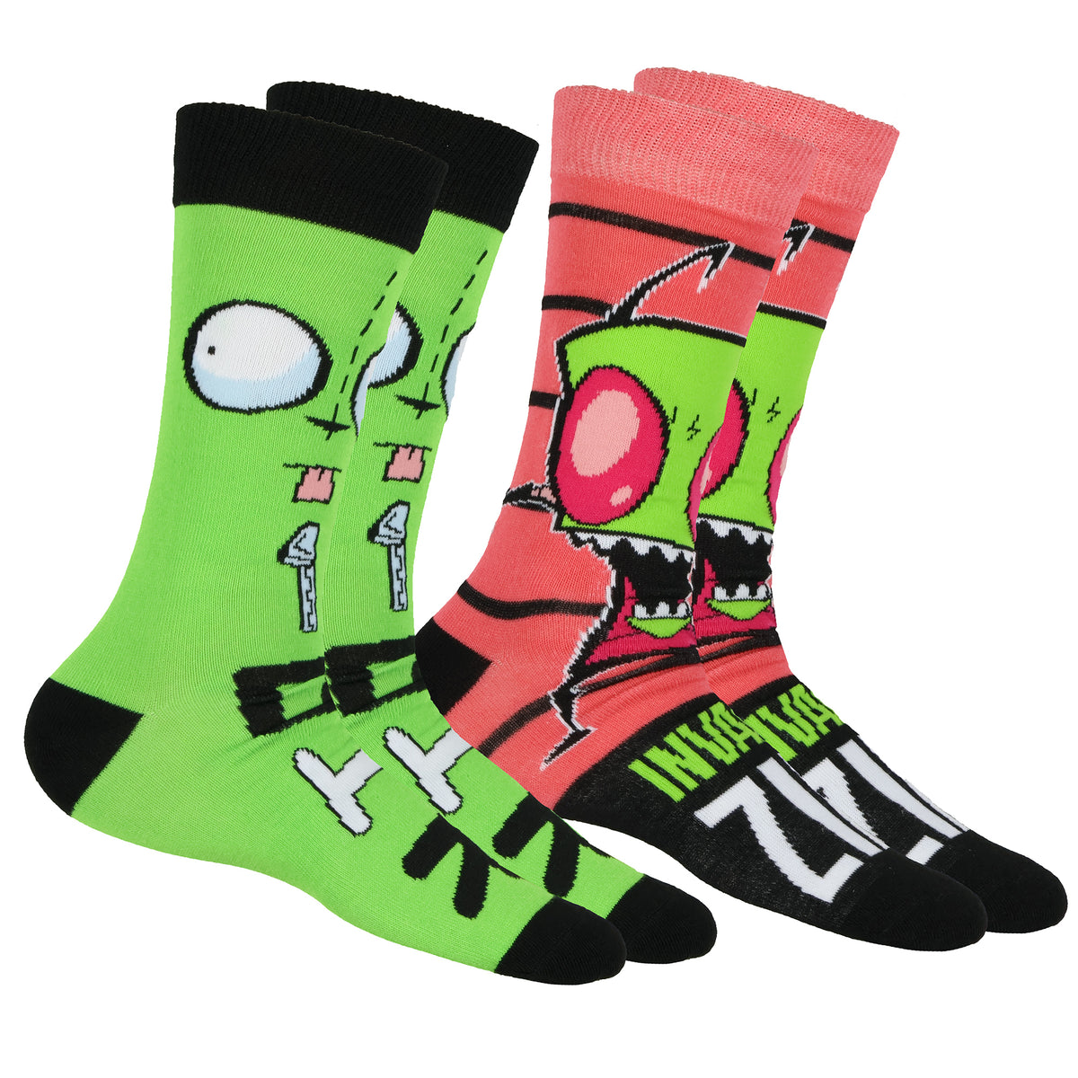 Invader Zim Socks Men's Zim and Gir Designs 2-Pair Mid-Calf Crew Socks