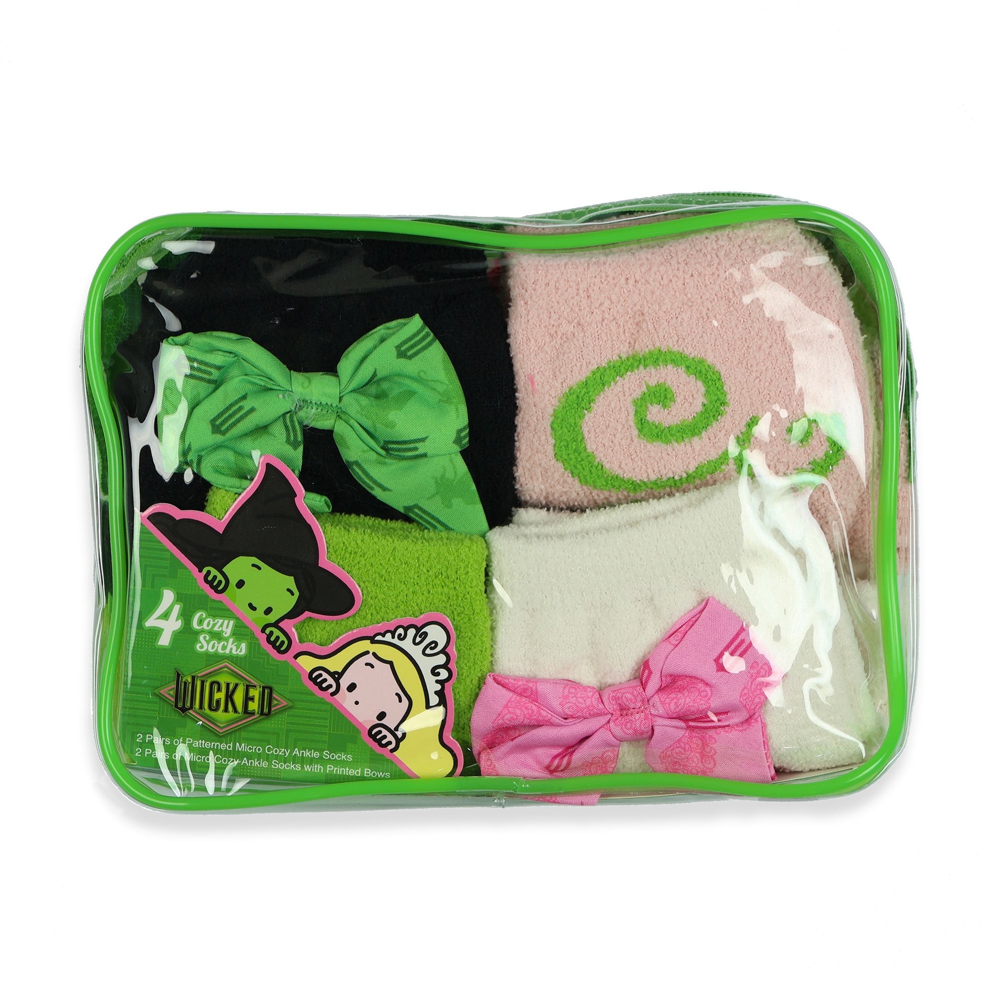 Wicked Elphaba and Glinda Women's 4 Pair Micro Cozy Socks in Cosmetic Bag 4-10
