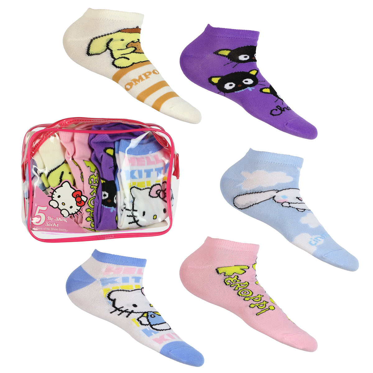 Hello Kitty and Friends Socks Women's No Show Sock 5 Pair in Cosmetic Bag