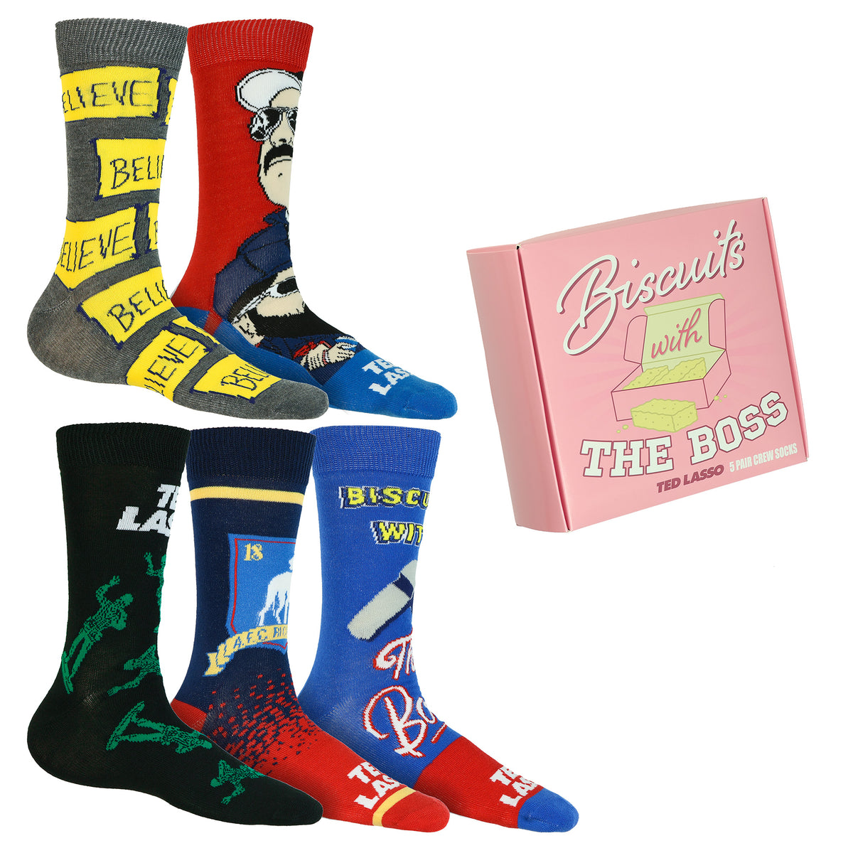 Ted Lasso Socks Biscuits With The Boss 5 Pair Crew Gift Box Set Shoe Size 6-12