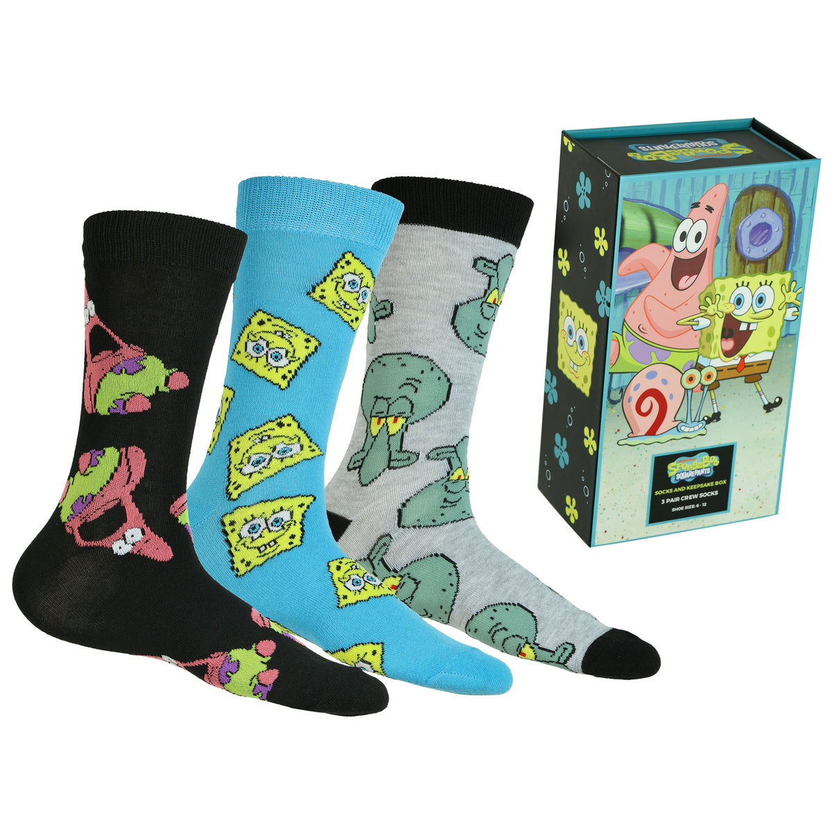 SpongeBob SquarePants Socks Men's 3 Pair Crew Sock and Gift Box Shoe Size 6-12