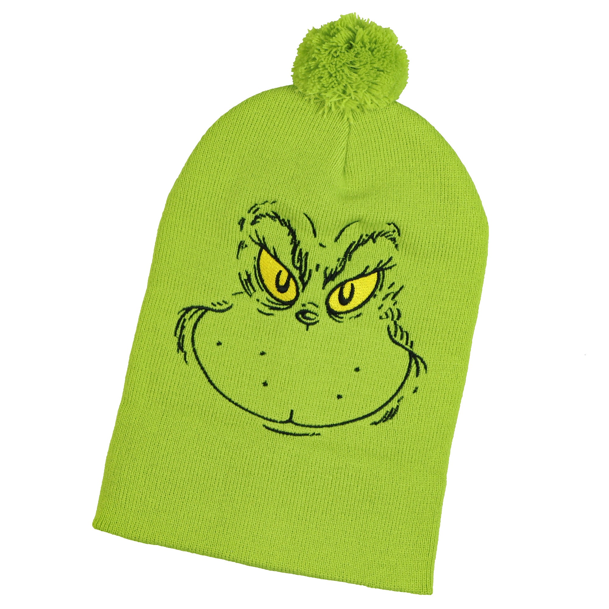 Dr. Seuss The Grinch Beanie Adult Embroidered Cuff Knit Ribbed Hat with Pom Pom