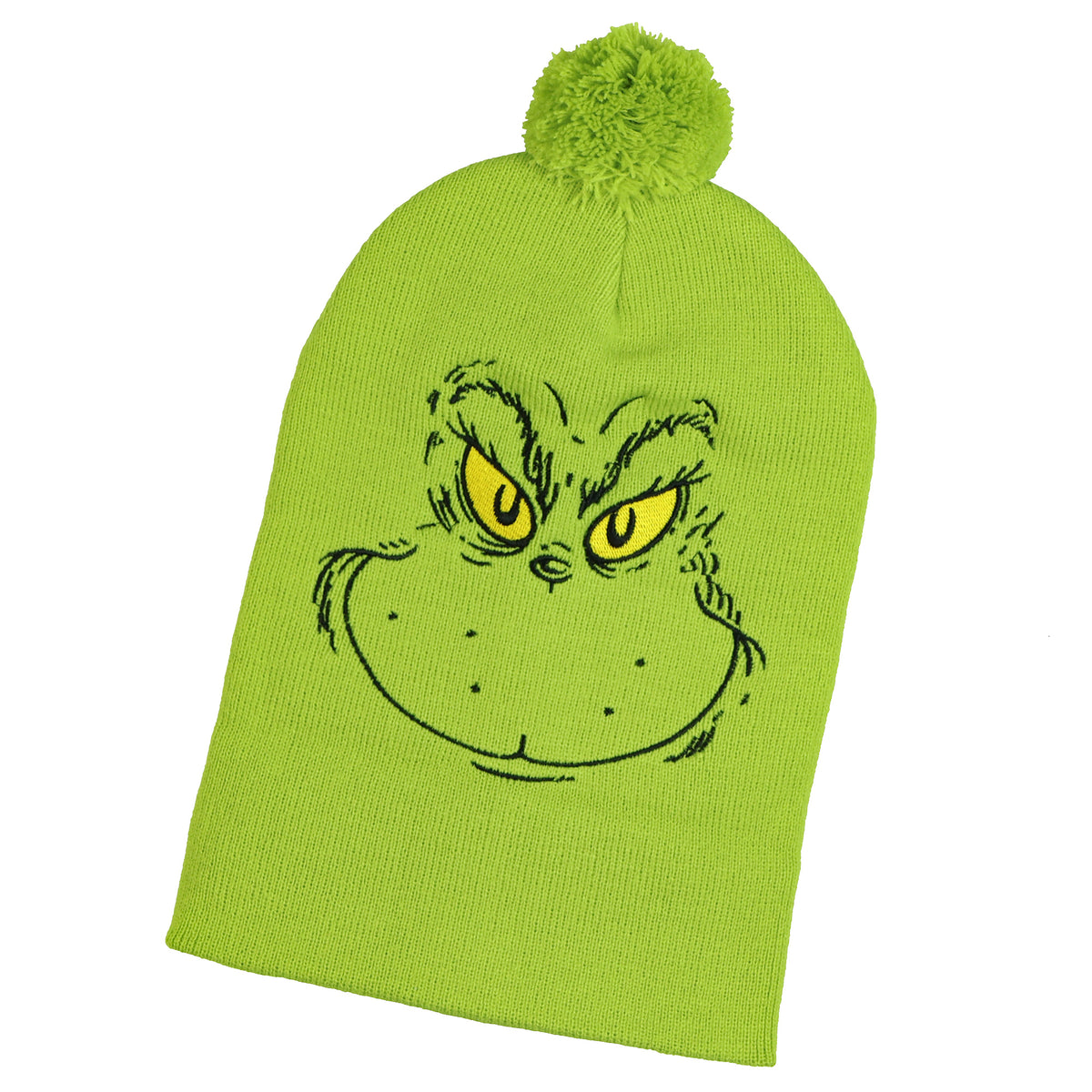 Dr. Seuss The Grinch Beanie Adult Embroidered Cuff Knit Ribbed Hat with Pom Pom