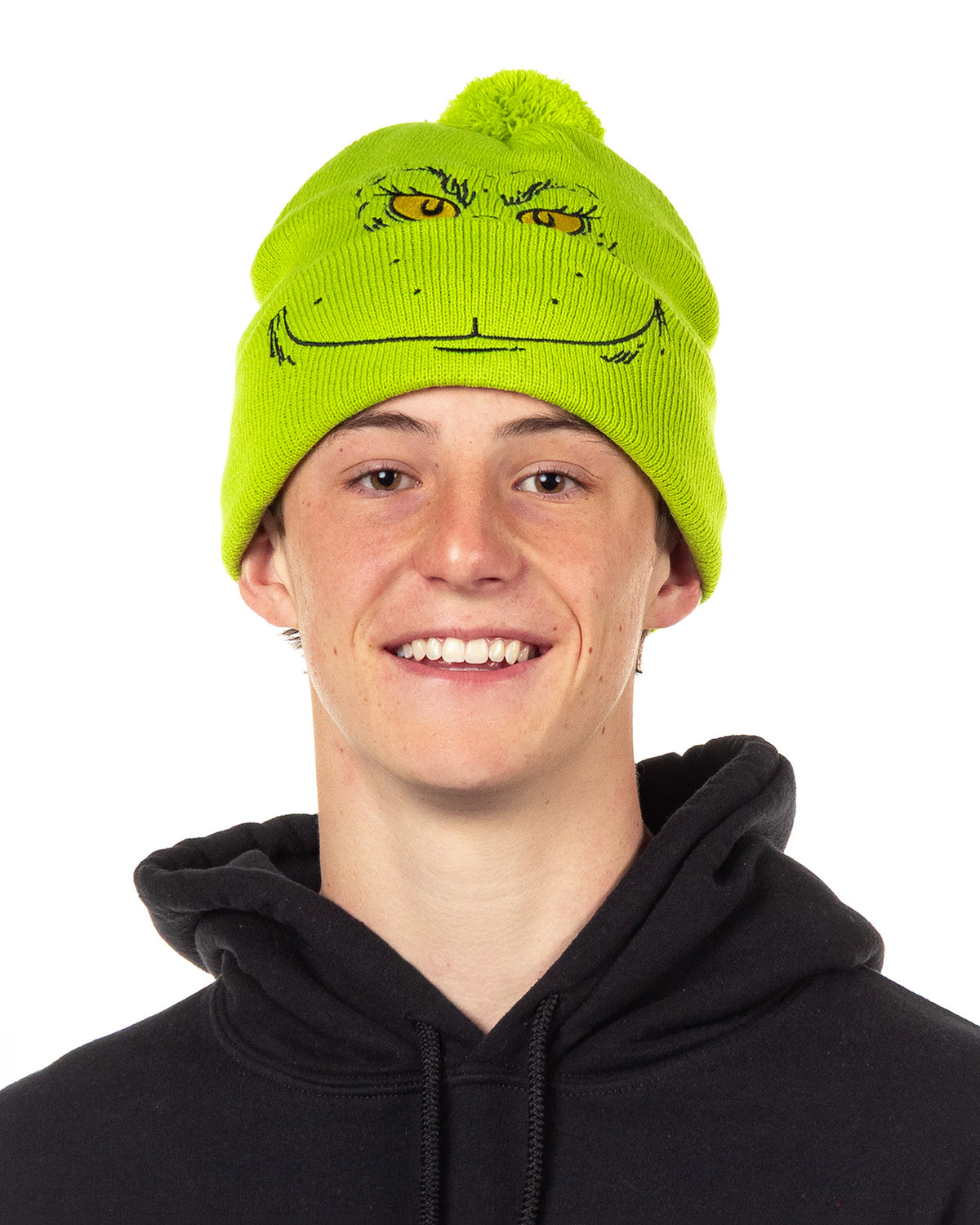 Dr. Seuss The Grinch Beanie Adult Embroidered Cuff Knit Ribbed Hat with Pom Pom
