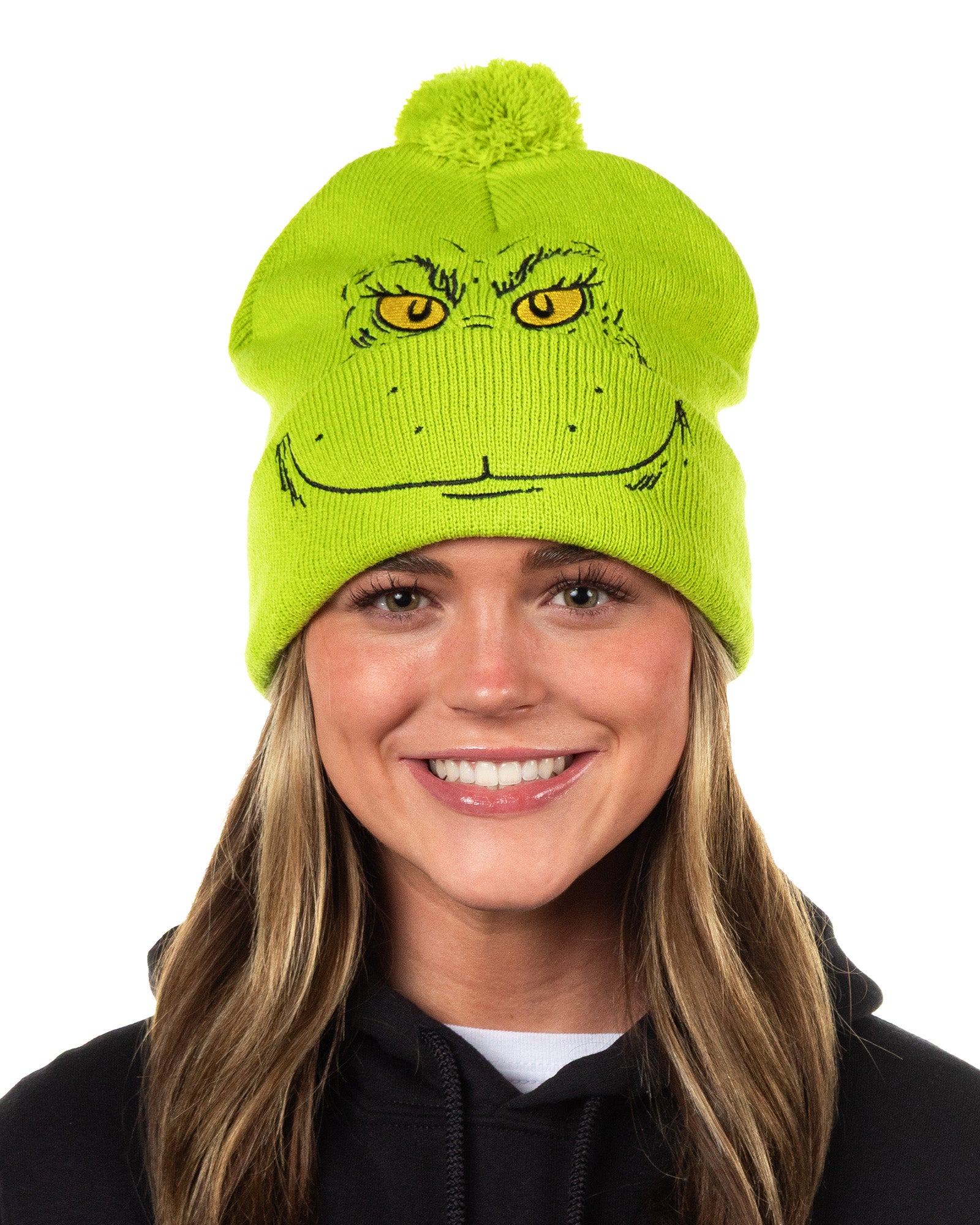 Dr. Seuss The Grinch Beanie Adult Embroidered Cuff Knit Ribbed Hat with Pom Pom