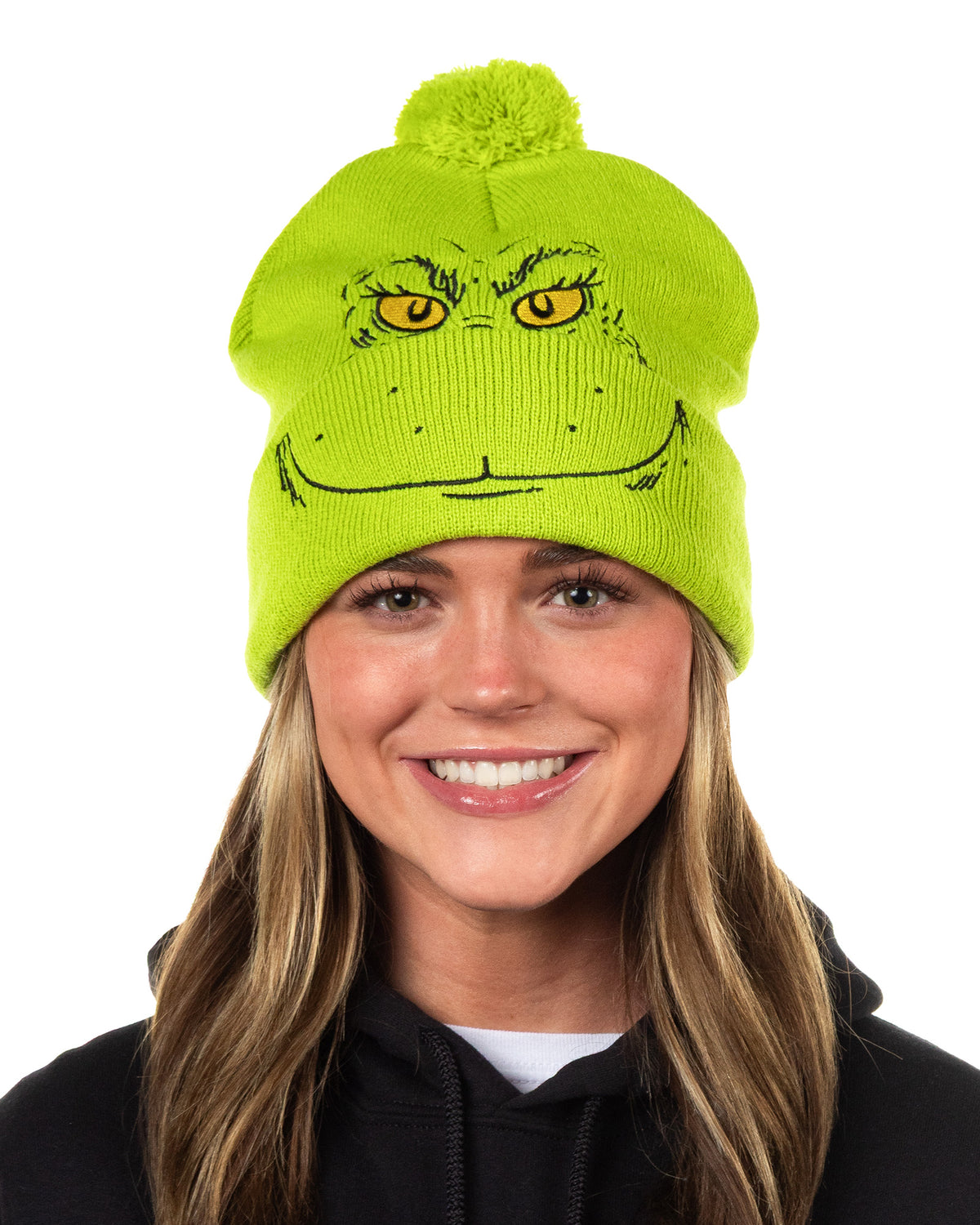Dr. Seuss The Grinch Beanie Adult Embroidered Cuff Knit Ribbed Hat with Pom Pom