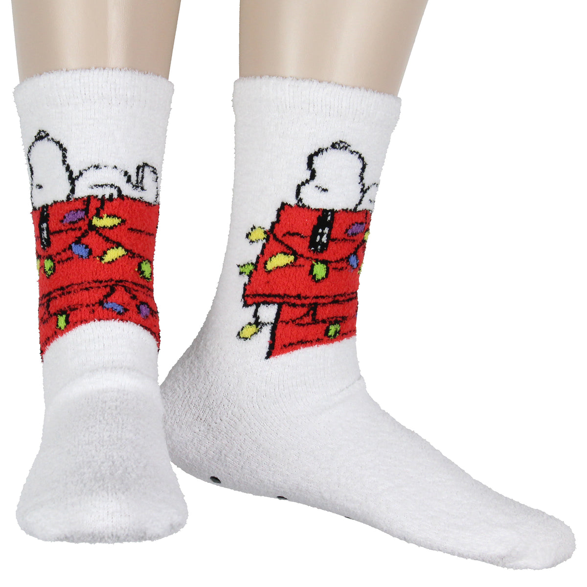 Peanuts Snoopy Holiday Christmas Lights Adult Fuzzy Gripper Slipper Socks OSFM