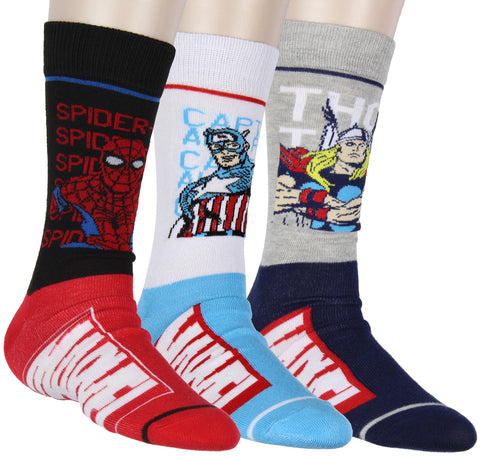 Marvel Comics Spiderman Captain America Thor Character 3-Pack Adult Crew Socks