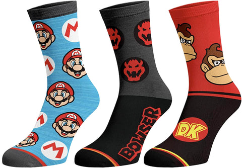 Nintendo Super Mario Men's Bowser Donkey Kong Mario 3-Pack Adult Crew Socks