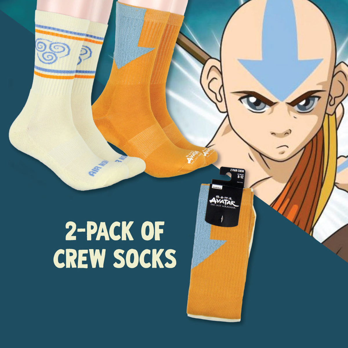 Avatar The Last Airbender Aang Tattoo Men's 2 Pack Athletic Adult Crew Socks