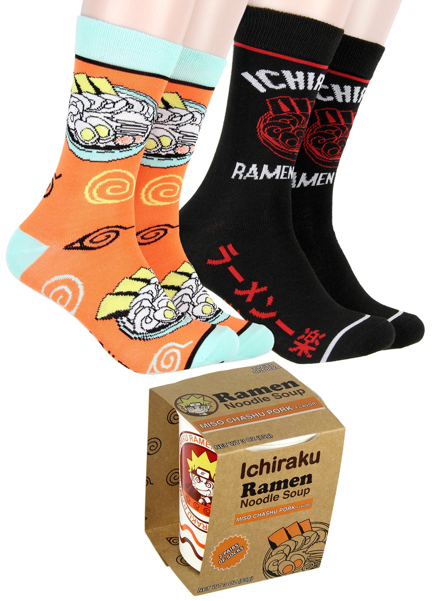 Naruto Shippuden Men's Ichiraku Ramen Noodle Soup 2 Pair Crew Socks