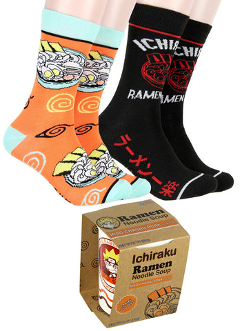 Naruto Shippuden Men's Ichiraku Ramen Noodle Soup 2 Pair Crew Socks