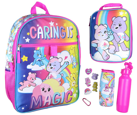 Carebears Caring Is Magic 16" Backpack Lunch Tote Water Bottle 5 Pc Mega Set
