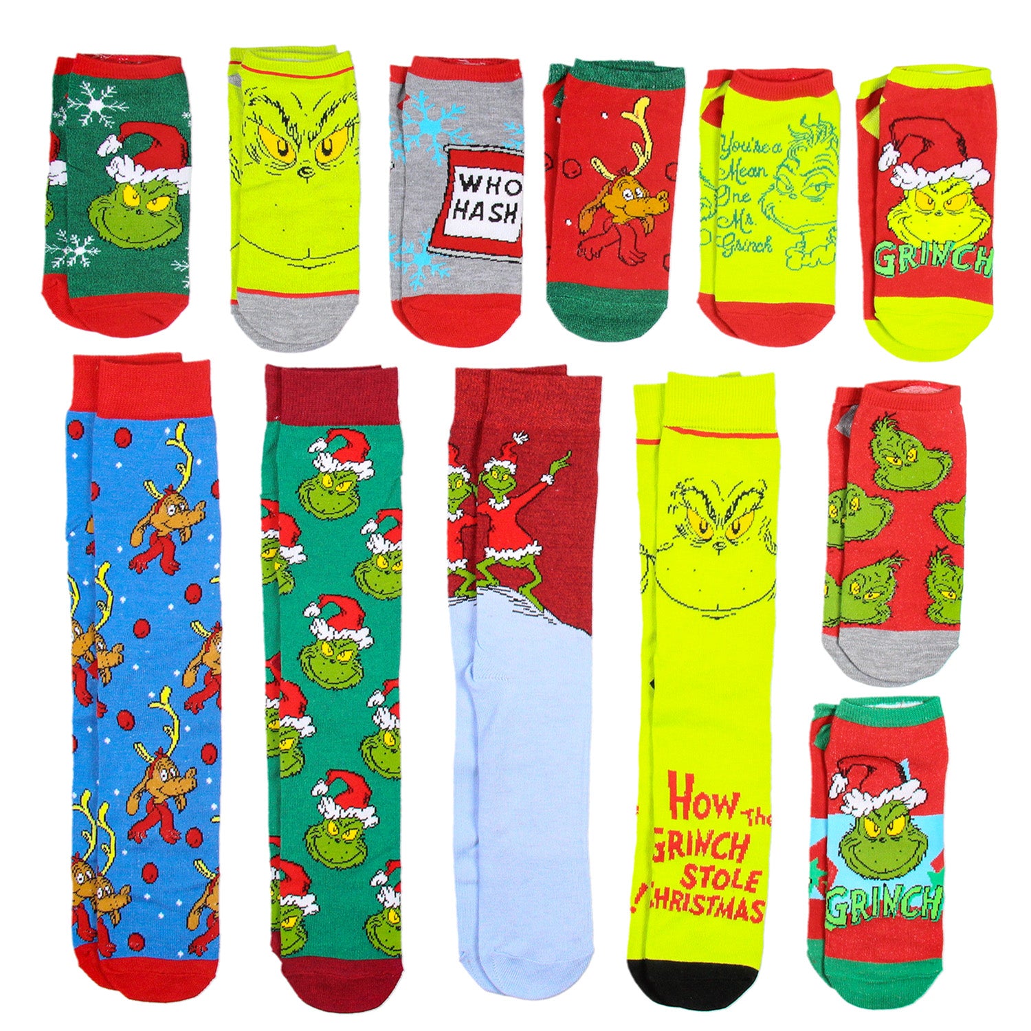 Dr. Seuss The Grinch Merry Grinchmas 12 Grinchy Days Of Socks Gift Box Set - Seven Times Six
