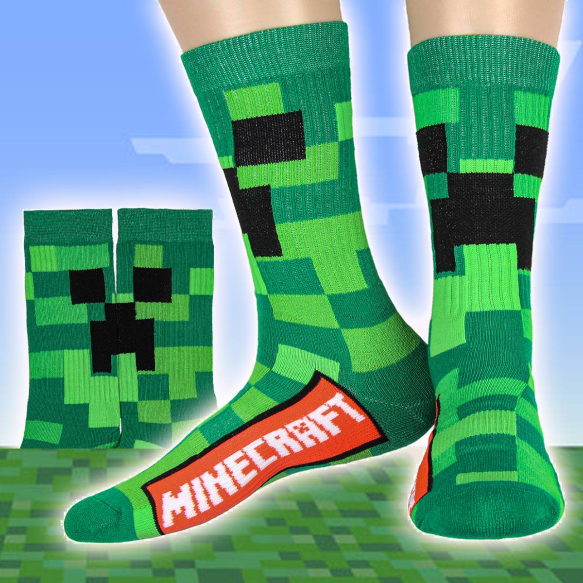 Minecraft Creeper Cubed Character Design Gaming Adult Crew Socks