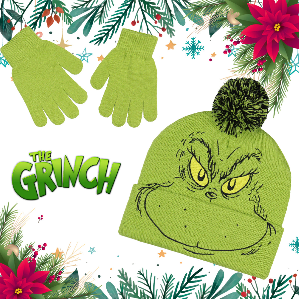 Dr. Seuss GRINCH Who Stole Christmas Embroidered Pom Beanie and Glove Set