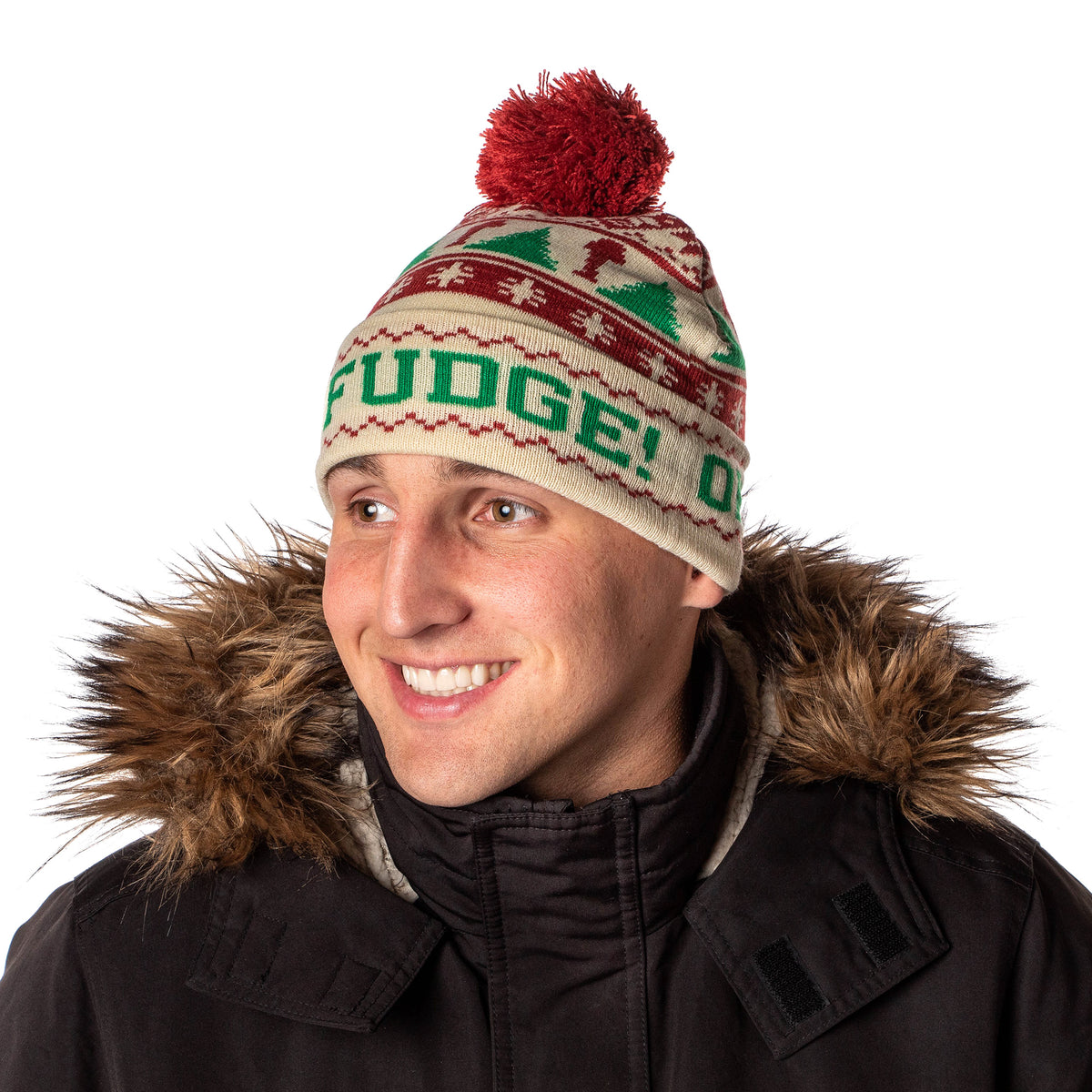 A Christmas Story Oh Fudge Leg Lamp Tree Far Isle Design Cuffed Adult Pom Beanie