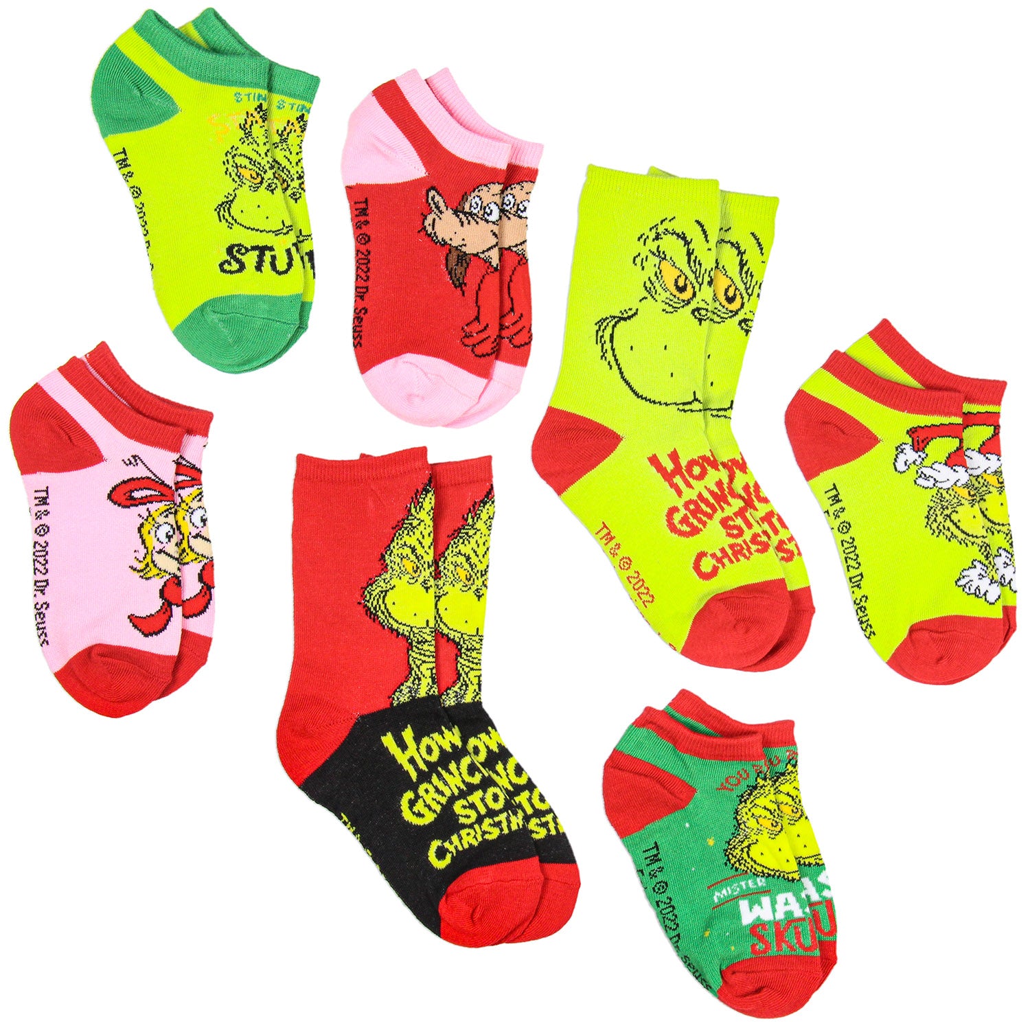 Dr Seuss Kids How GRINCH Stole Christmas Week Of Socks Mix and Match 7 Pairs