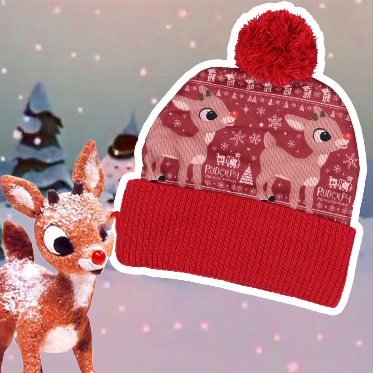Rudolph The Red-Nosed Reindeer Cuffed Pom Beanie Hat