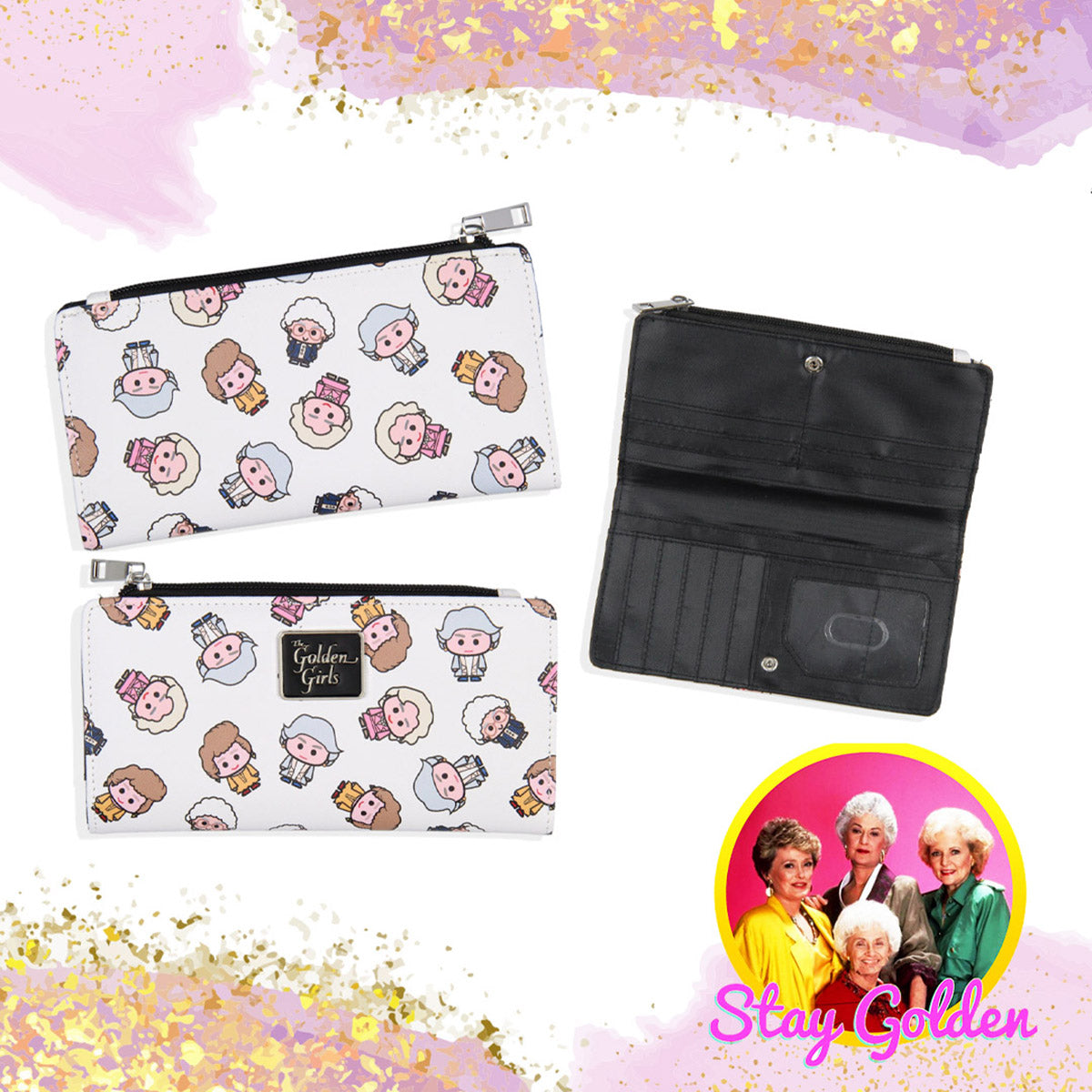 Golden Girls Wallet Chibi Character Zip Closure Faux Saffiano Leather Wallet