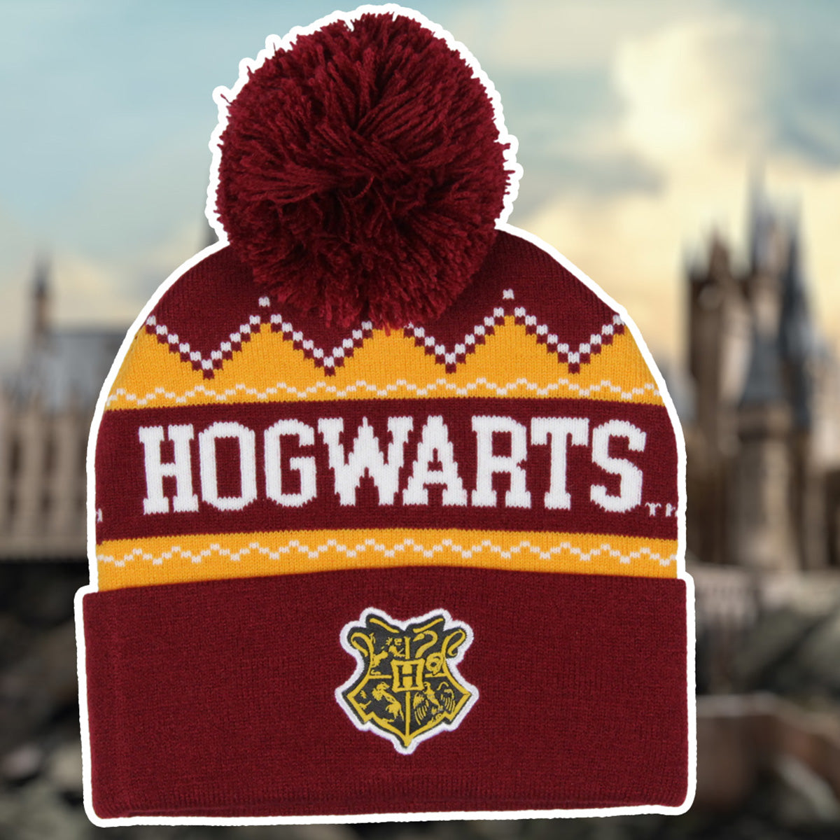 Harry Potter Adult Hogwarts School Crest Knit Cuff Pom Beanie Cap