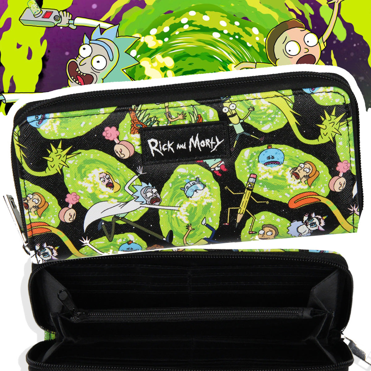 Rick and Morty Wallet Portals and Characters Faux Saffiano Zip Closure Wallet