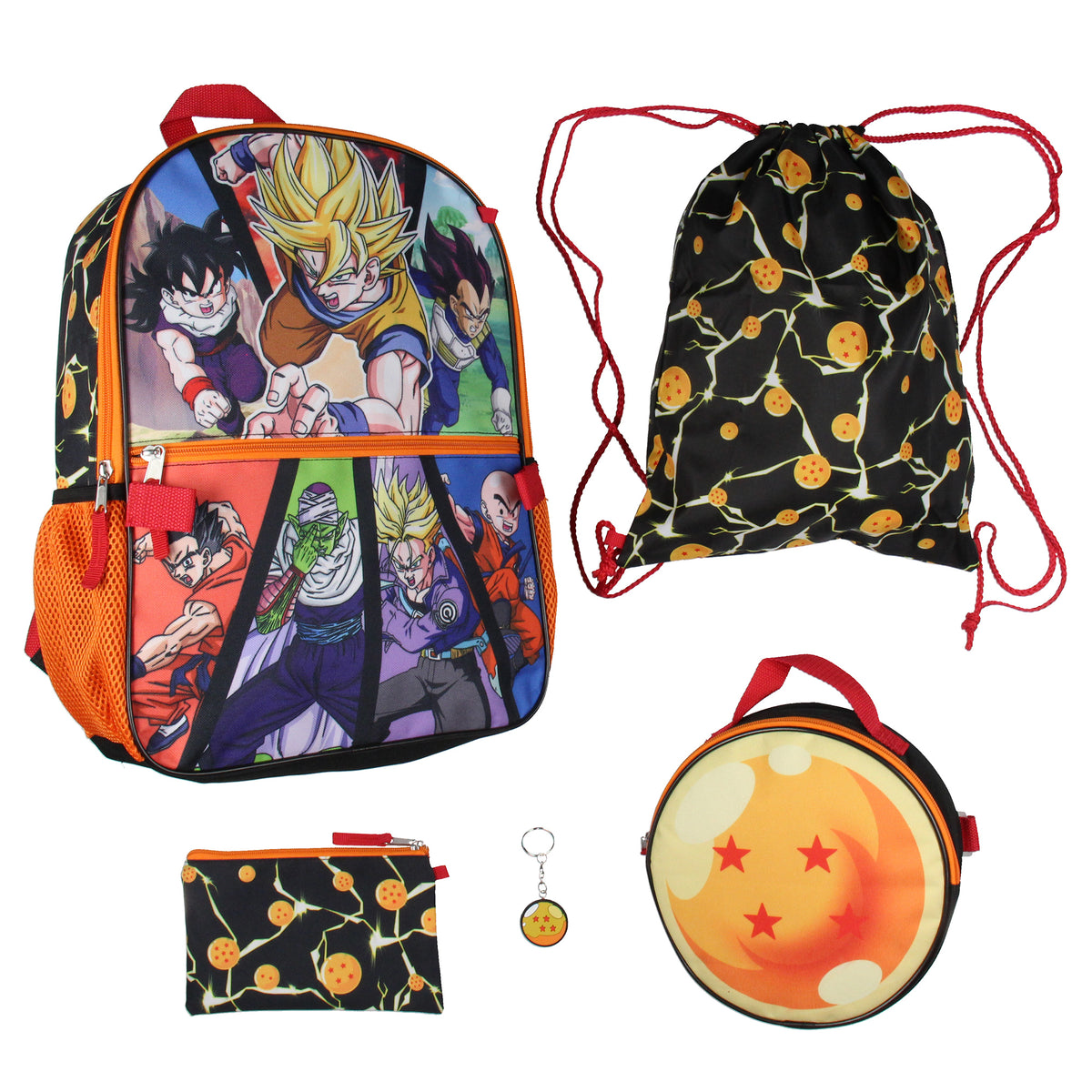 Dragon Ball Z Backpack Lunch Box Drawstring Bag Keychain Pencil Case 5 Pc Set 16"