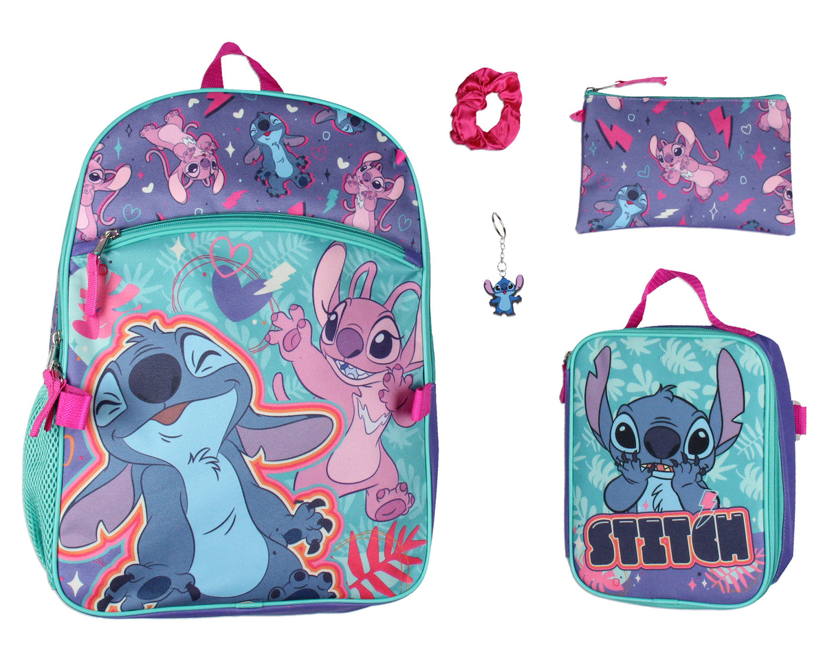 Disney Lilo & Stitch Angel 5 Pc Set Backpack Lunch Box Key Chain Pencil Case 16"