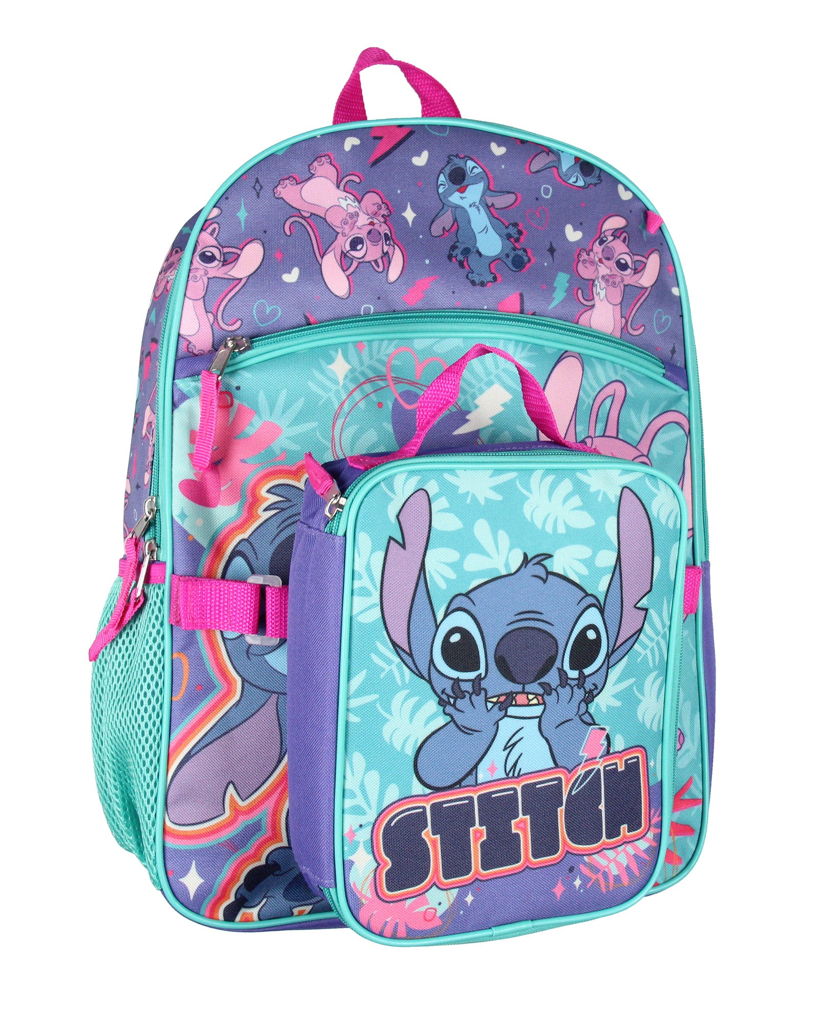 Disney Lilo & Stitch Angel 5 Pc Set Backpack Lunch Box Key Chain Pencil Case 16"
