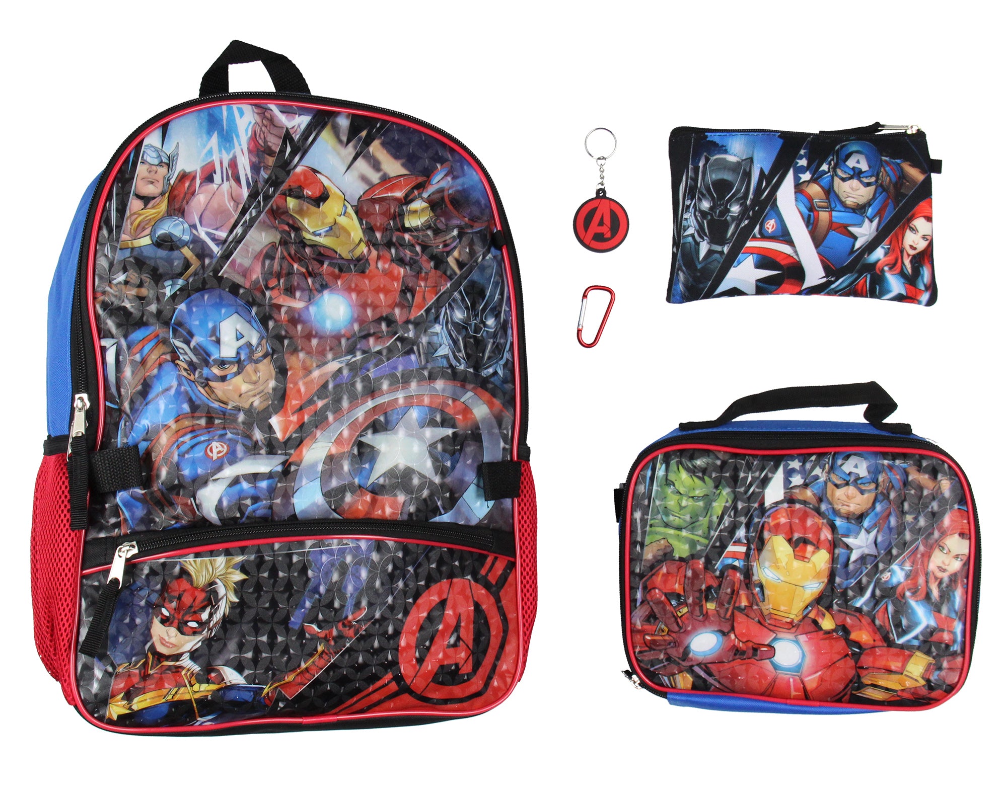 Marvel Avengers 5 Pc Kids Backpack Set Lunch Box Key Chain Pencil Case Carabiner 16"