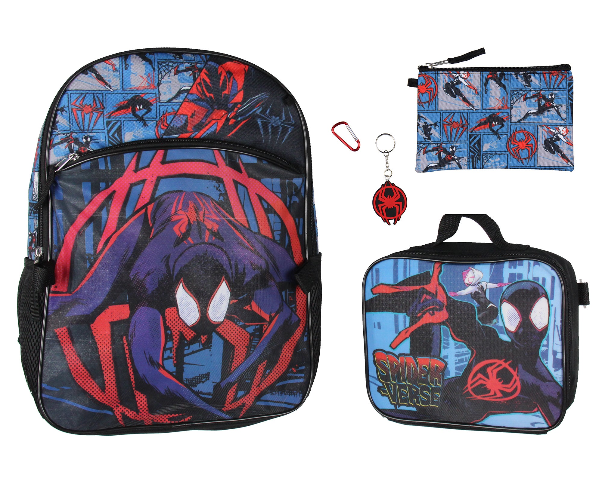 Spider-Man Miles Morales Backpack Lunch Box Key Chain Case 5 pc Set 16"