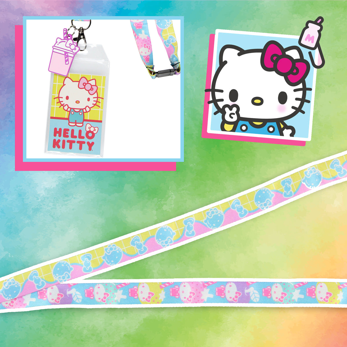 Sanrio Hello Kitty Pastel ID Badge Holder Lanyard w/ Kitty Cup Pendant