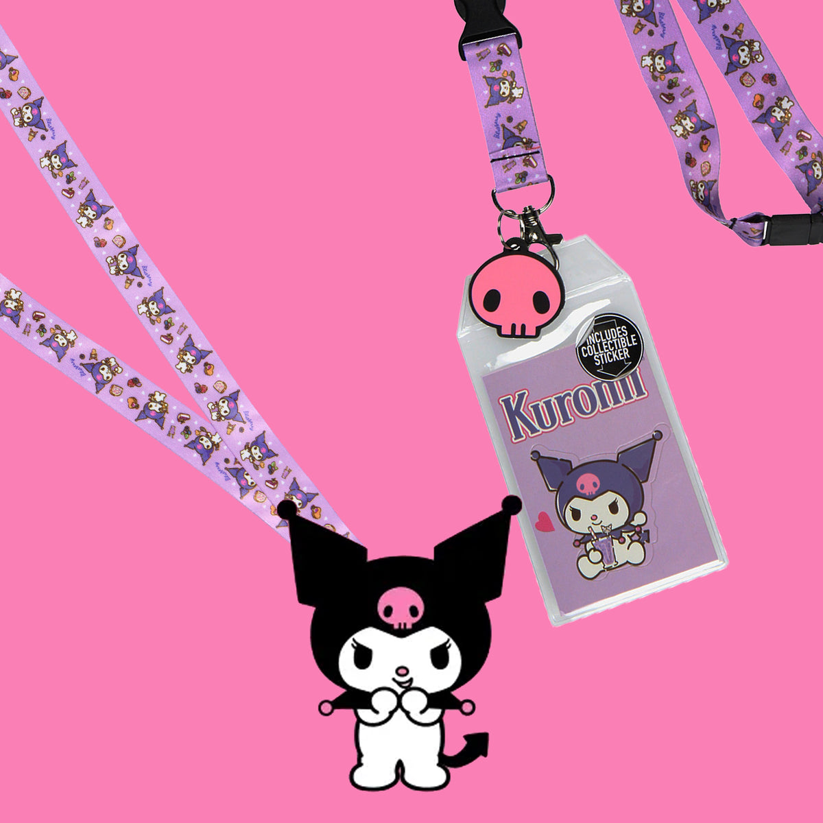 Sanrio Kuromi ID Badge Holder Lanyard w/ Pendant and Collectible Sticker