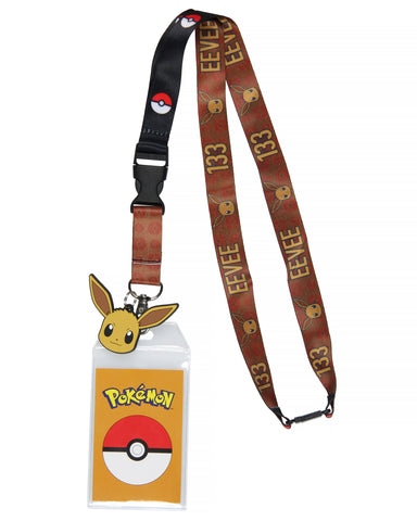Pokemon 133 Eevee ID Badge Holder Lanyard With Rubber Charm and Break Away Clip