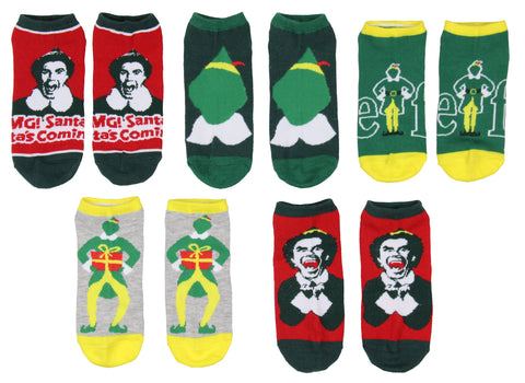 Elf The Movie Adult Santa's Coming 5-Pack Ankle No-Show Socks For Men And Women
