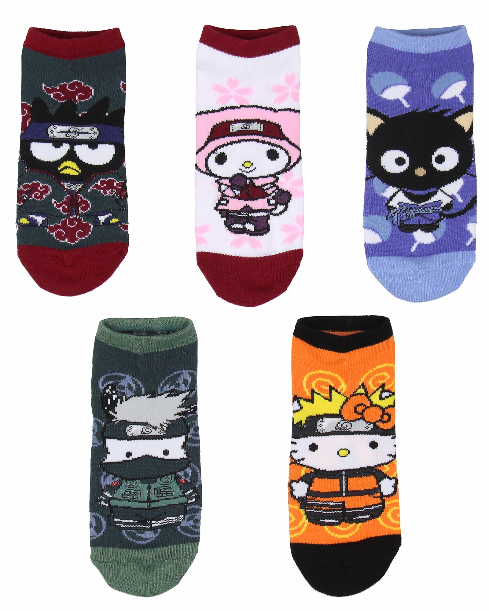 Hello Kitty X Naruto Character Mash-Up Ankle No-Show Socks 5 Pair Pack
