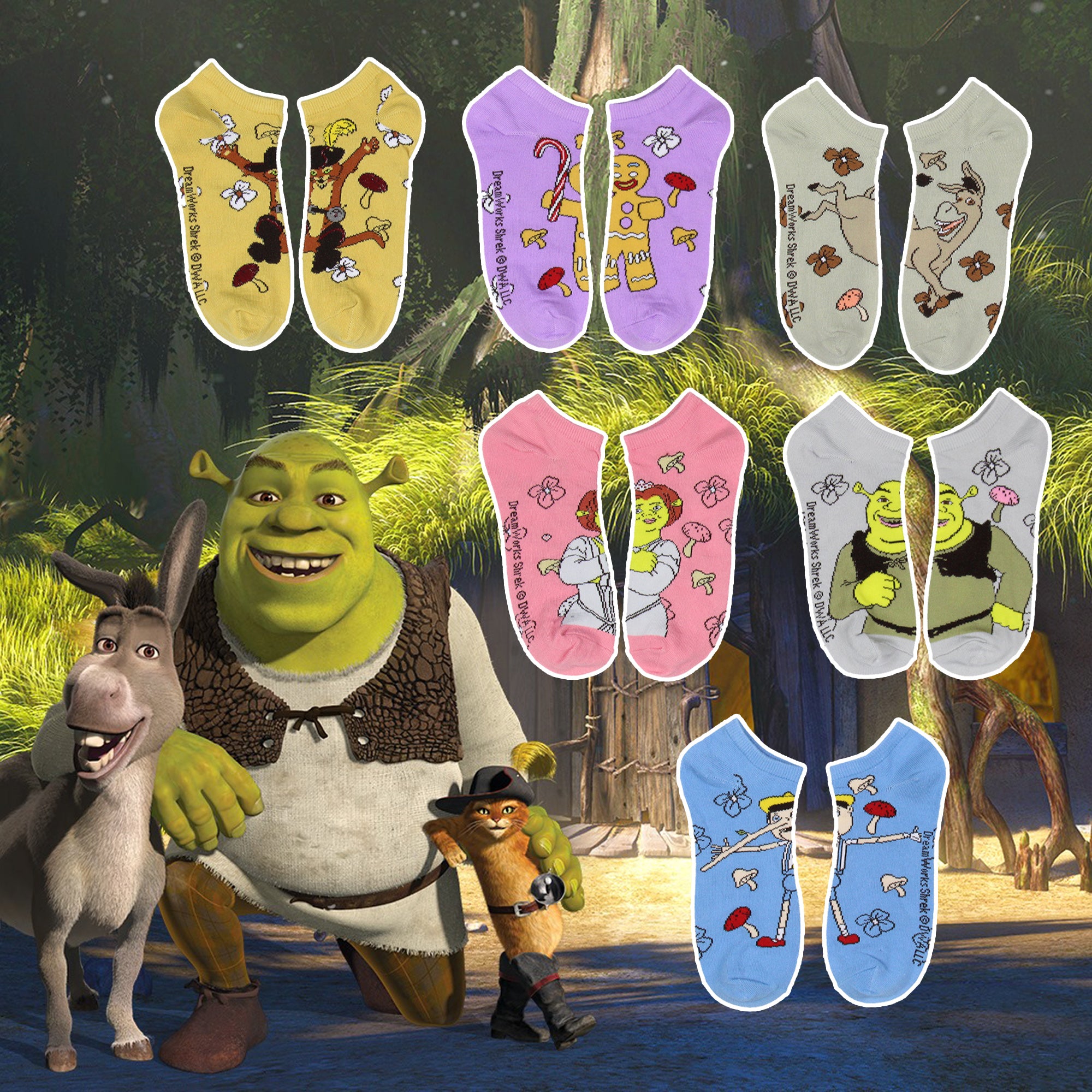 Shrek Women's Franchise Characters And Mushrooms No-Show Ankle Socks 6 Pair Pack