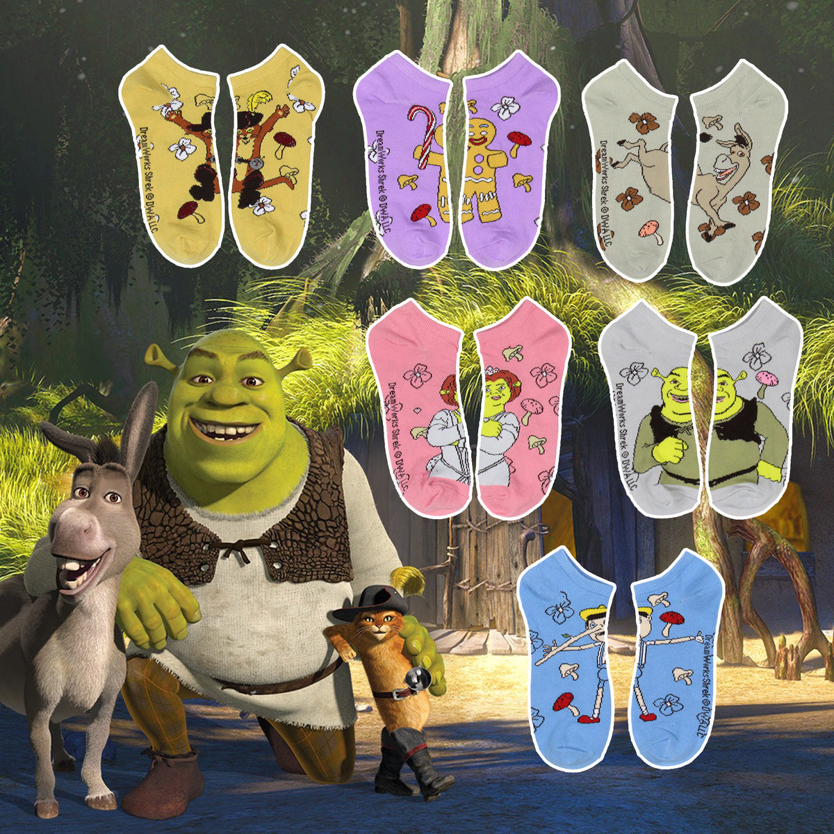 Shrek Women's Franchise Characters And Mushrooms No-Show Ankle Socks 6 Pair Pack