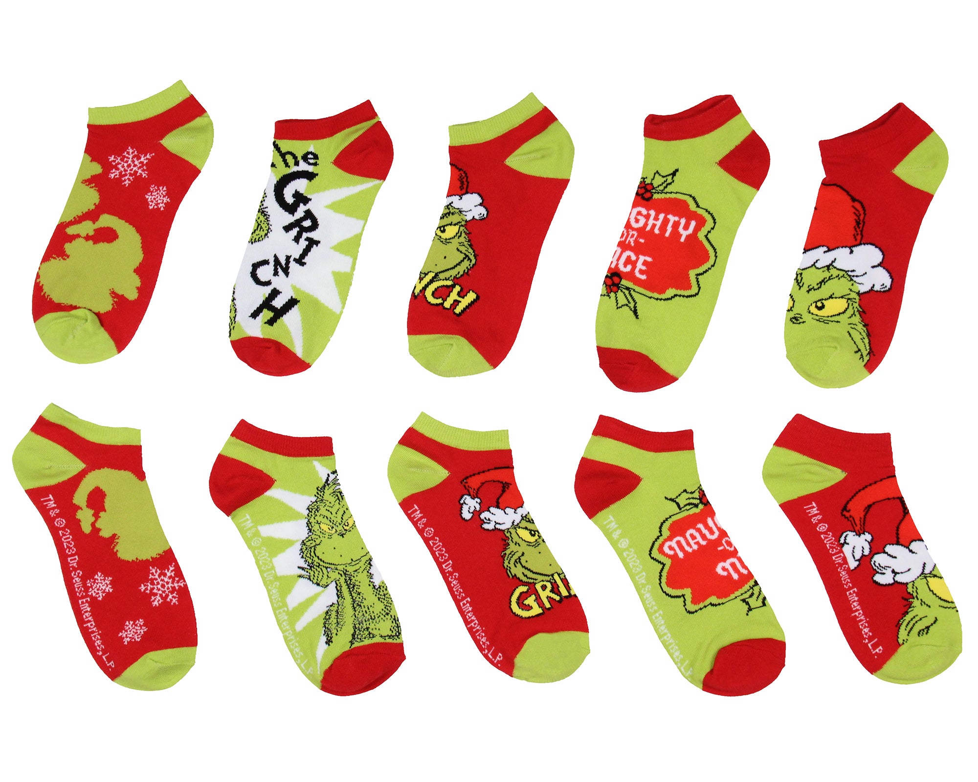 Dr. Seuss GRINCH Santa Christmas Naughty or Nice Low Cut Ankle Socks 5 Pack